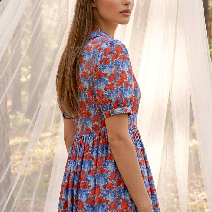 Liberty London Peter-Pan Collared Short-sleeved Dress, Handmade Sustainable Womenswear, Personalised Versatile Cotton Botanical Clothing