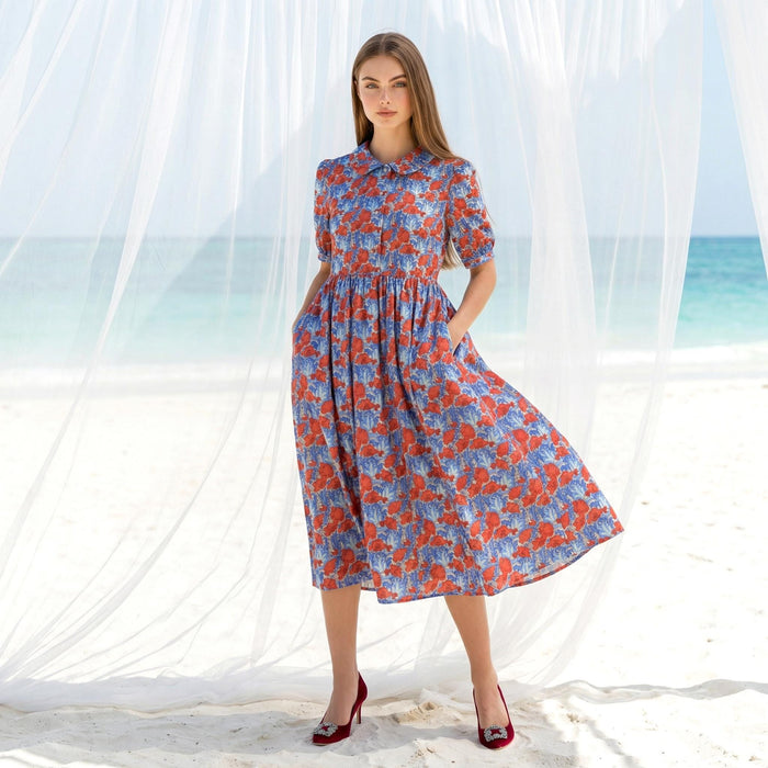 Liberty London Peter-Pan Collared Short-sleeved Dress, Handmade Sustainable Womenswear, Personalised Versatile Cotton Botanical Clothing