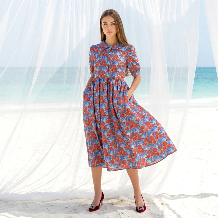 Liberty London Peter-Pan Collared Short-sleeved Dress, Handmade Sustainable Womenswear, Personalised Versatile Cotton Botanical Clothing