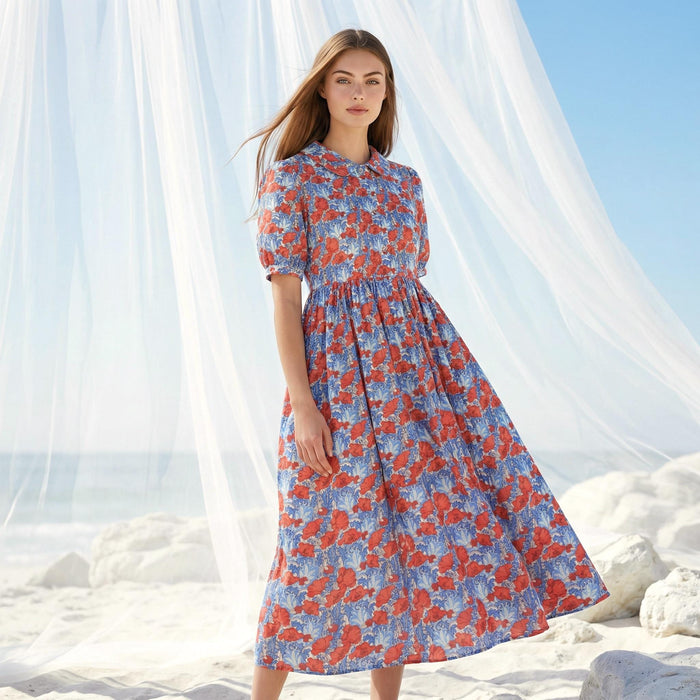 Liberty London Peter-Pan Collared Short-sleeved Dress, Handmade Sustainable Womenswear, Personalised Versatile Cotton Botanical Clothing