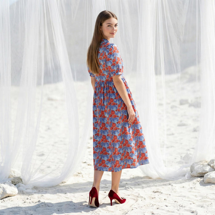 Liberty London Peter-Pan Collared Short-sleeved Dress, Handmade Sustainable Womenswear, Personalised Versatile Cotton Botanical Clothing