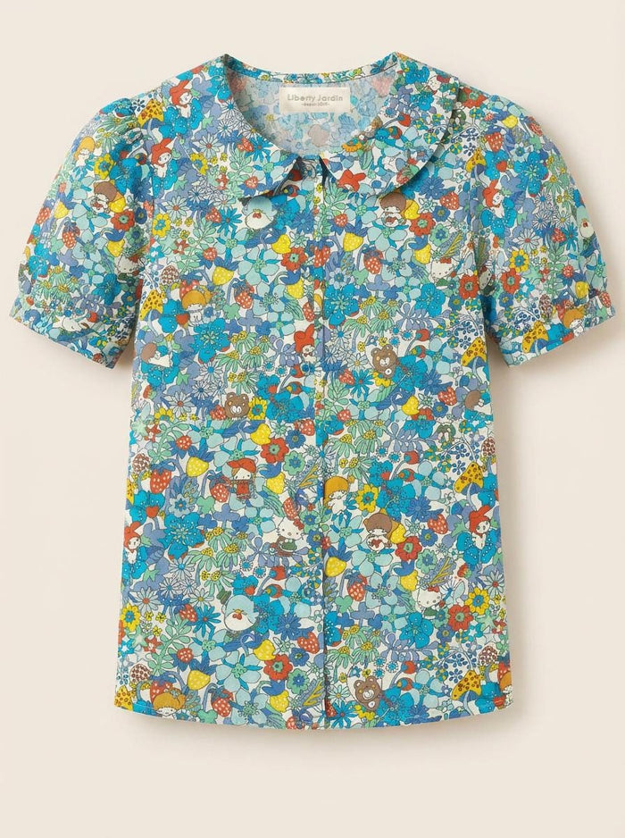 Liberty London Peter-Pan Collared Short-Sleeved Top, Handcrafted Ethical-wear Blouse, Floral-print Button-up Shirt, Personalised Clothing