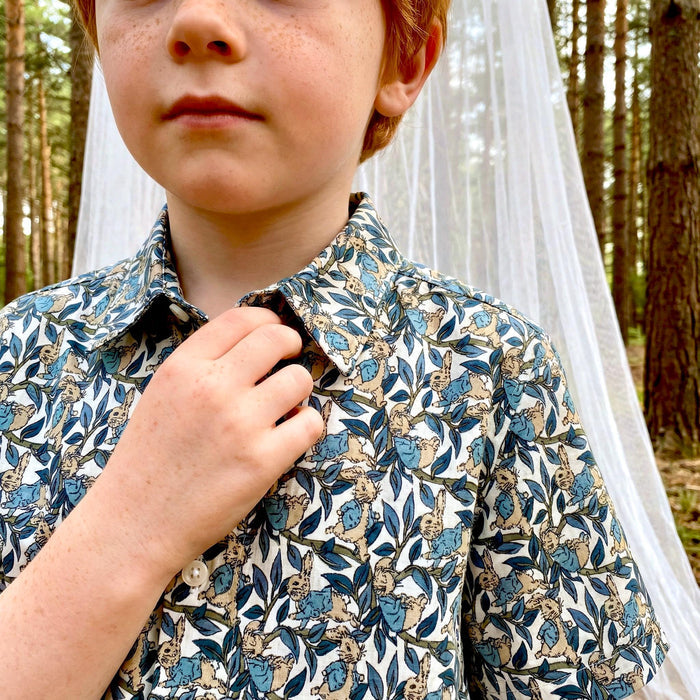 Liberty London Peter Rabbit Short-sleeved Button-up Shirt, Handmade Chemise, Sustainable Personalised Clothing, Customised Children-wear