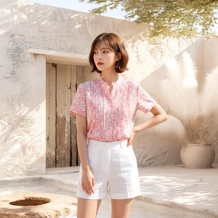 Liberty London Pin-tuck Mandarin Collar Blouse, Short Sleeves Button-up Shirt, Handmade Personalised Cotton Top