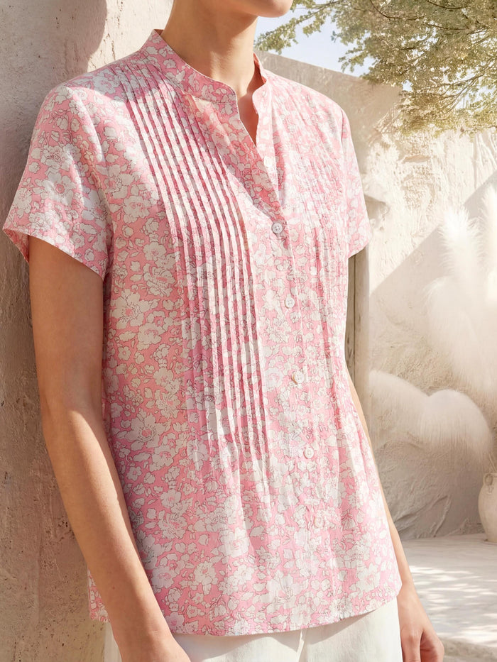 Liberty London Pin-tuck Mandarin Collar Blouse, Short Sleeves Button-up Shirt, Handmade Personalised Cotton Top