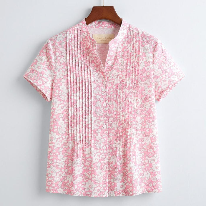 Liberty London Pin-tuck Mandarin Collar Blouse, Short Sleeves Button-up Shirt, Handmade Personalised Cotton Top