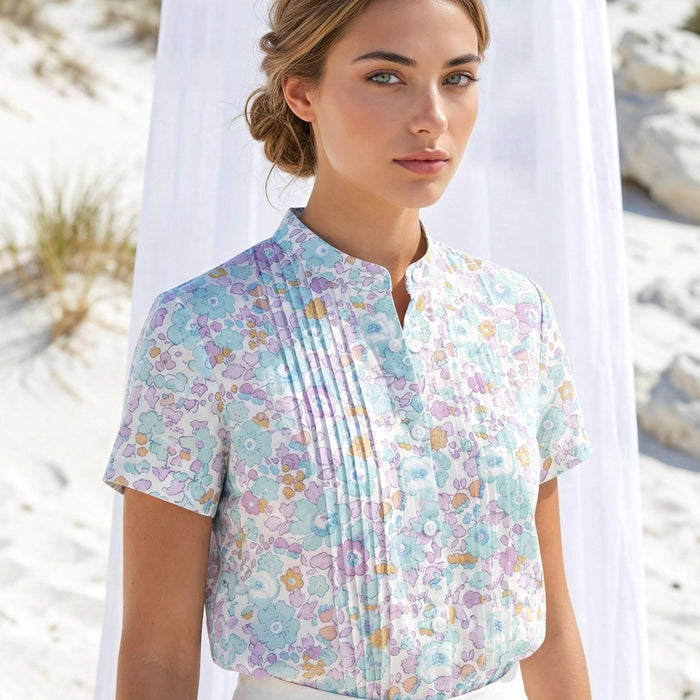 Liberty London Pin-tuck Mandarin Collar Blouse, Short Sleeves Button-up Shirt, Handmade Personalised Cotton Top