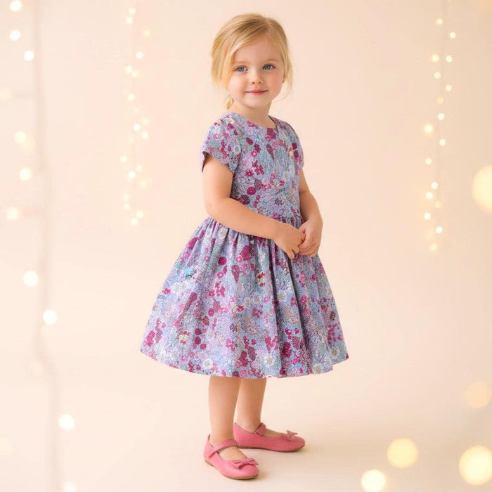 Liberty London Pink Grey Short Sleeve Sun Dress, Handmade Ditsy Cotton Floral Print Clothing