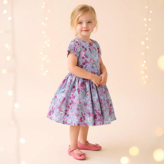 Liberty London Pink Grey Short Sleeve Sun Dress, Handmade Ditsy Cotton Floral Print Clothing