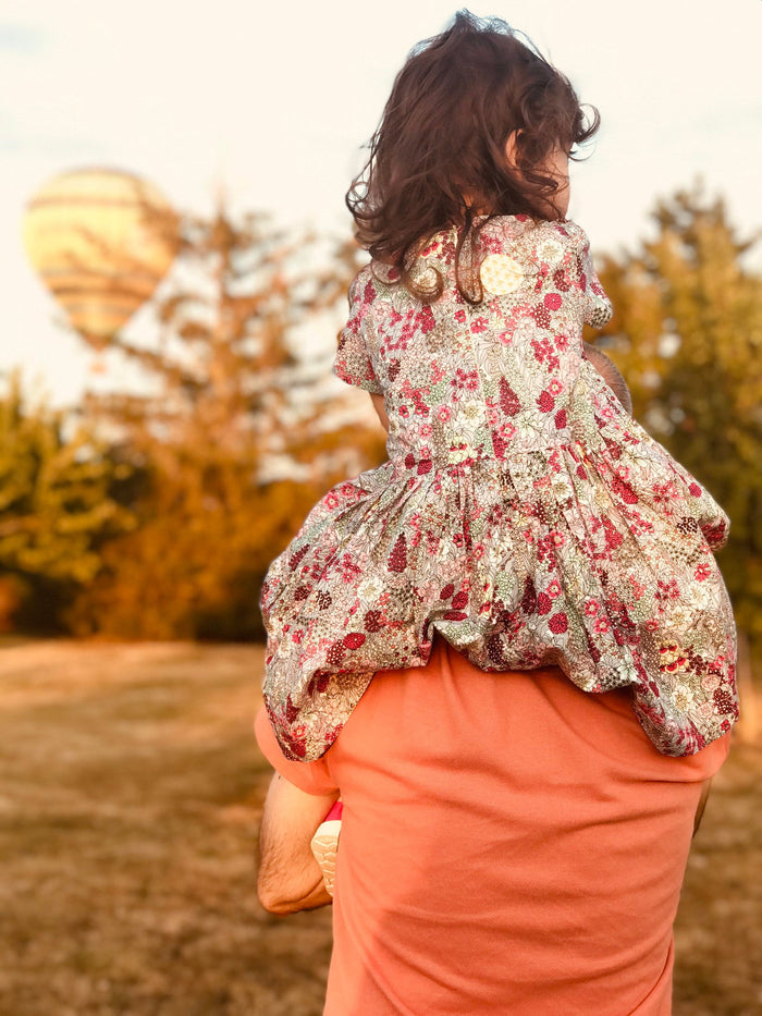 Liberty London Pink Grey Short Sleeve Sun Dress, Handmade Ditsy Cotton Floral Print Clothing