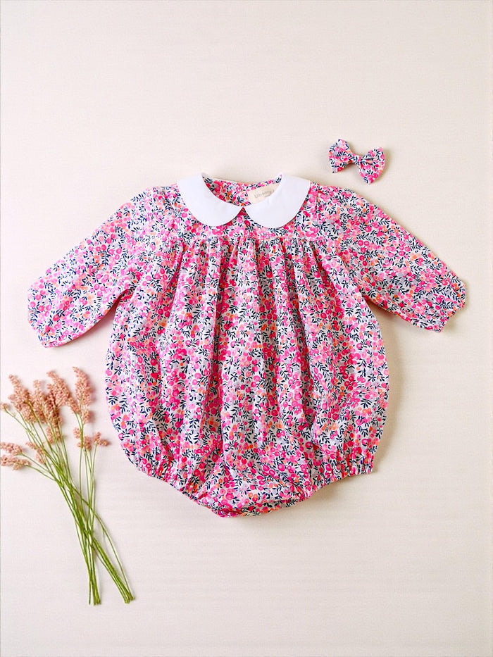 Liberty London Print Bubble Playsuit: Long Sleeve Romper, Peter Pan Collar, Floral Print Cotton