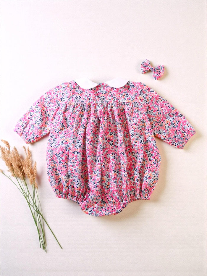 Liberty London Print Bubble Playsuit: Long Sleeve Romper, Peter Pan Collar, Floral Print Cotton