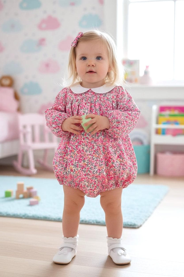 Liberty London Print Bubble Playsuit: Long Sleeve Romper, Peter Pan Collar, Floral Print Cotton