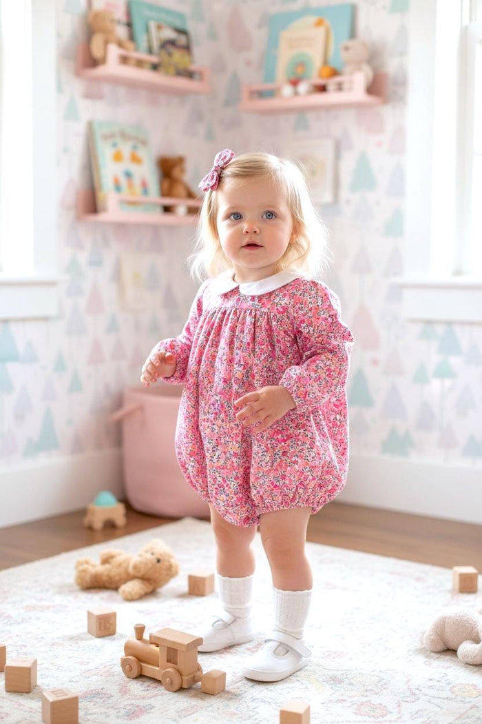 Liberty London Print Bubble Playsuit: Long Sleeve Romper, Peter Pan Collar, Floral Print Cotton