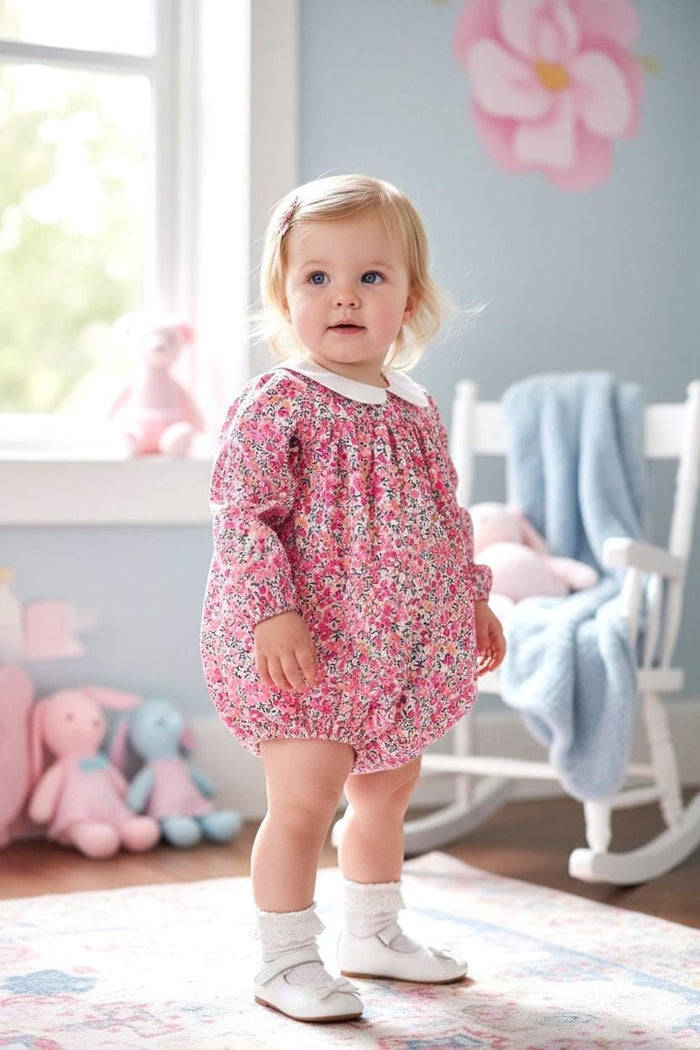 Liberty London Print Bubble Playsuit: Long Sleeve Romper, Peter Pan Collar, Floral Print Cotton