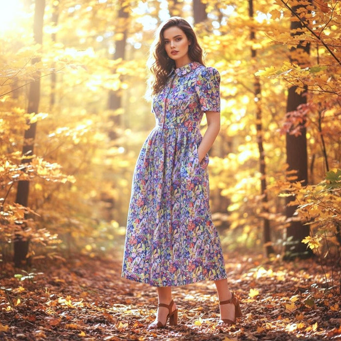 Liberty London Print Maxi Shirt Dress: Peter Pan Collar, Short Sleeve Button Front