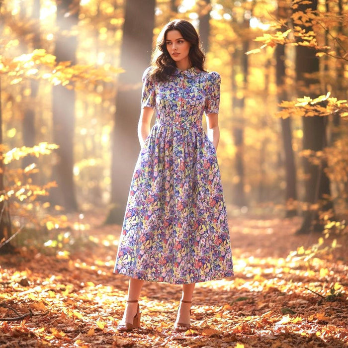 Liberty London Print Maxi Shirt Dress: Peter Pan Collar, Short Sleeve Button Front