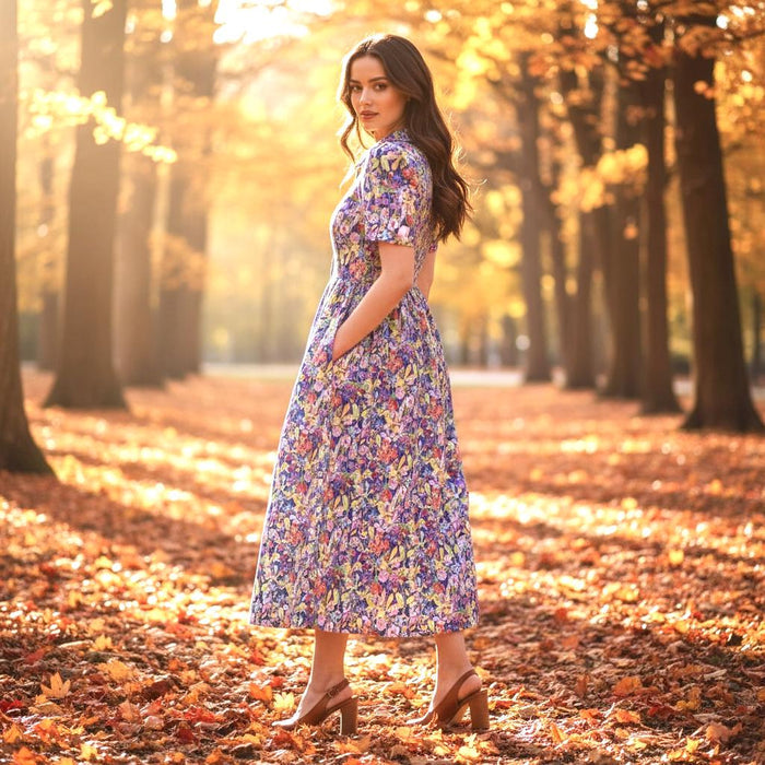 Liberty London Print Maxi Shirt Dress: Peter Pan Collar, Short Sleeve Button Front