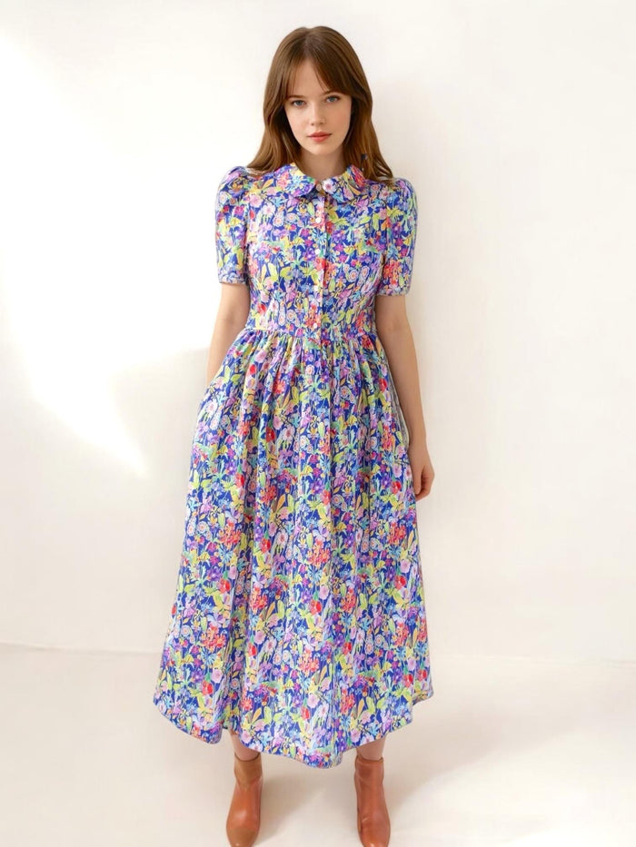 Liberty London Print Maxi Shirt Dress: Peter Pan Collar, Short Sleeve Button Front