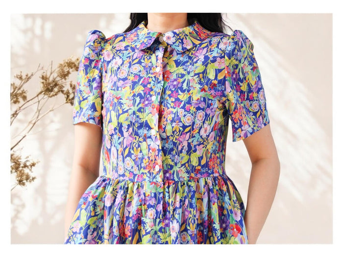 Liberty London Print Maxi Shirt Dress: Peter Pan Collar, Short Sleeve Button Front