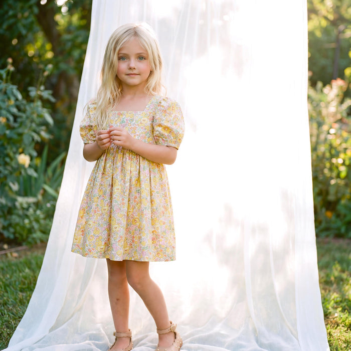 Liberty London Puffed Square Neck Short Sleeves Sun Dress, Handmade Children-wear, Sustainable Cotton Clothing