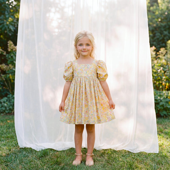 Liberty London Puffed Square Neck Short Sleeves Sun Dress, Handmade Children-wear, Sustainable Cotton Clothing