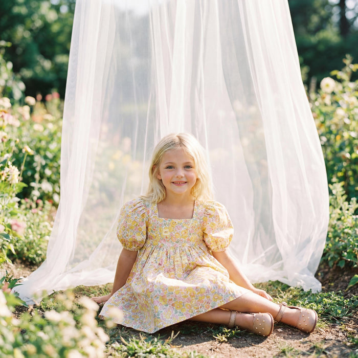 Liberty London Puffed Square Neck Short Sleeves Sun Dress, Handmade Children-wear, Sustainable Cotton Clothing