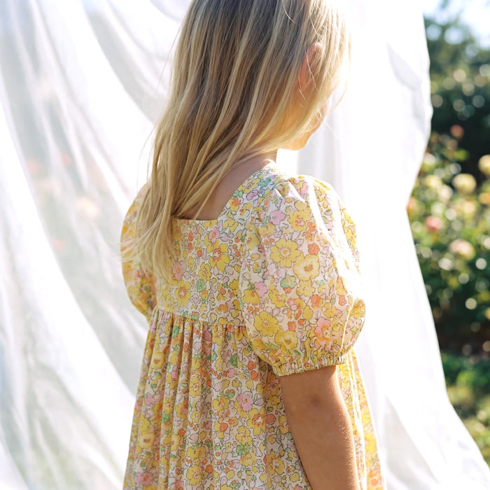Liberty London Puffed Square Neck Short Sleeves Sun Dress, Handmade Children-wear, Sustainable Cotton Clothing