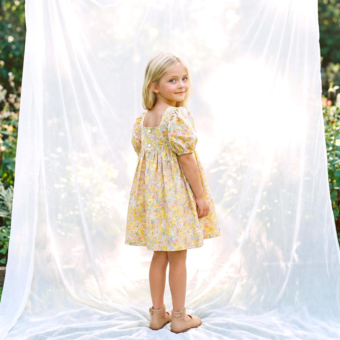 Liberty London Puffed Square Neck Short Sleeves Sun Dress, Handmade Children-wear, Sustainable Cotton Clothing