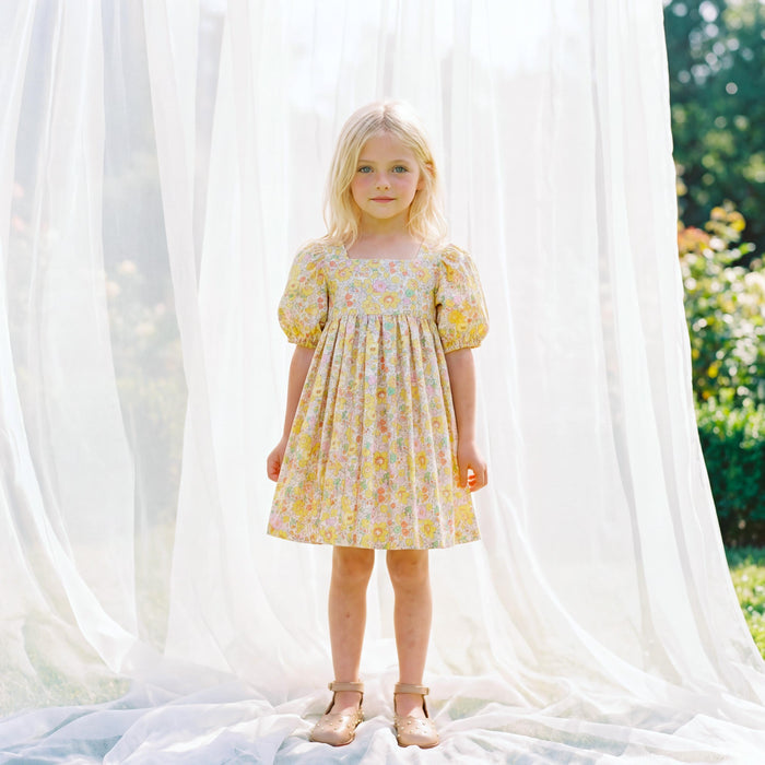 Liberty London Puffed Square Neck Short Sleeves Sun Dress, Handmade Children-wear, Sustainable Cotton Clothing