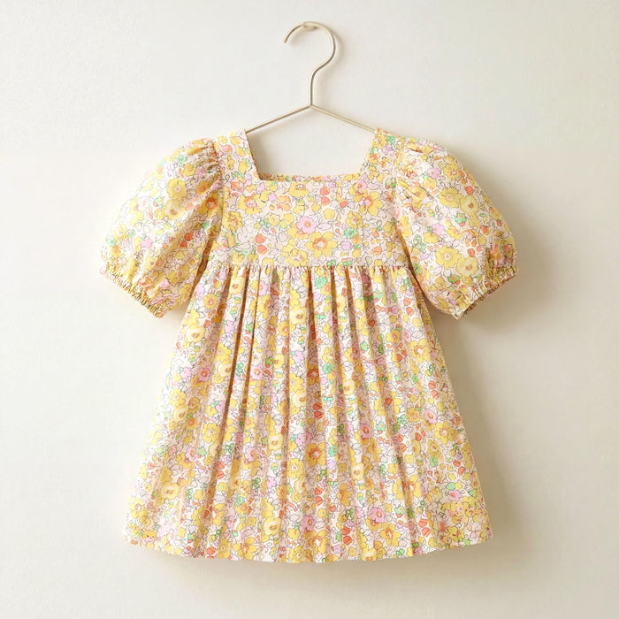 Liberty London Puffed Square Neck Short Sleeves Sun Dress, Handmade Children-wear, Sustainable Cotton Clothing