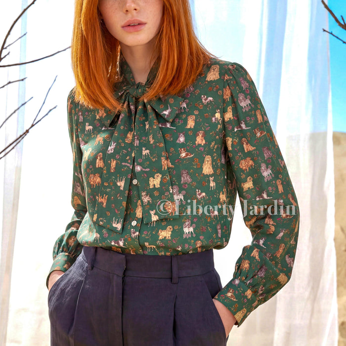 Liberty London Pussy Bow Blouse, Long Sleeves Dress Chemise, Personalised Botanical Handmade Clothing, Sustainable Womenswear, Cotton Shirt