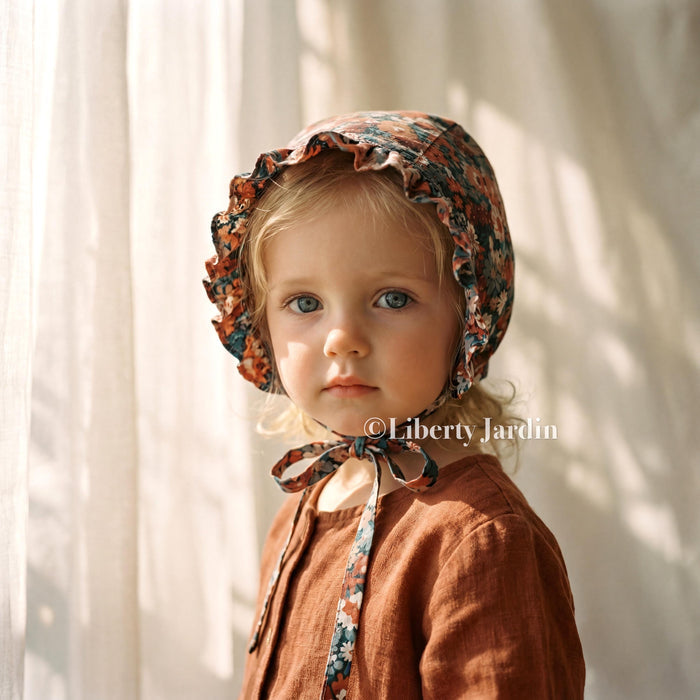 Liberty London Ruffle Bonnet, Handmade Children Hat, Adjustable Sun Hat, Botanical Ditsy Floral Print, Cotton Tana Lawn, Personalised Outfit