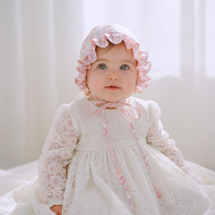Liberty London Ruffle Bonnet, Pink Butterfly Floral Cotton Sun Hat