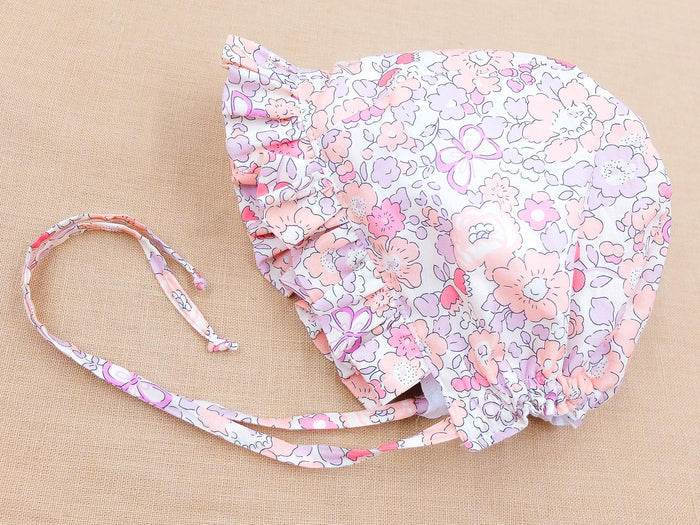 Liberty London Ruffle Bonnet, Pink Butterfly Floral Cotton Sun Hat