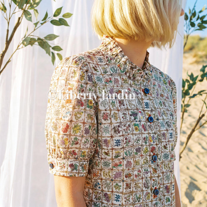Liberty London Ruffle Collar Blouse, Short Sleeves Handmade Chemise, Button-up Botanical Personalised Shirt, Minimalist Versatile Clothing