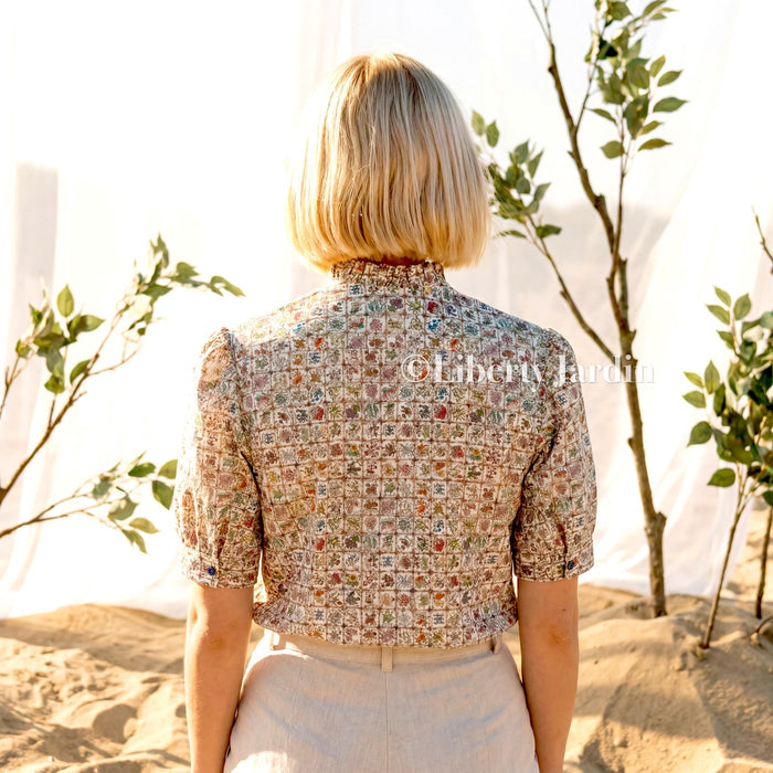 Liberty London Ruffle Collar Blouse, Short Sleeves Handmade Chemise, Button-up Botanical Personalised Shirt, Minimalist Versatile Clothing