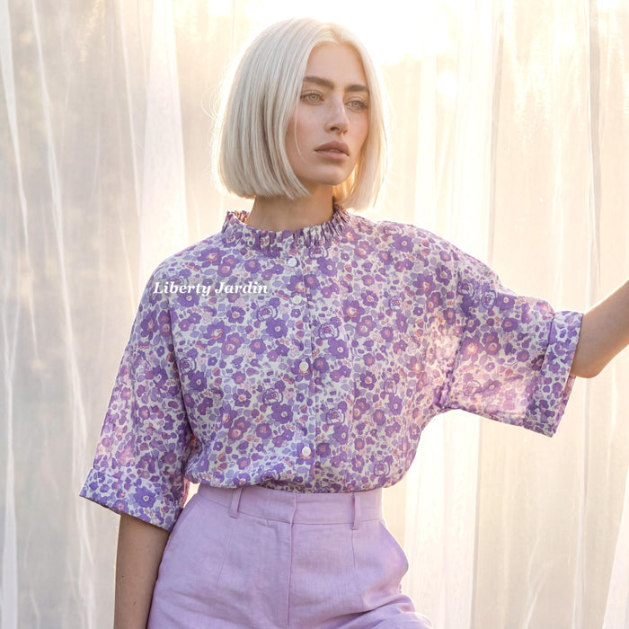 Liberty London Ruffle Collared Blouse, Handmade Botanical Sustainable Clothing, Personalised Womenswear, Customised Tailoring Chemise