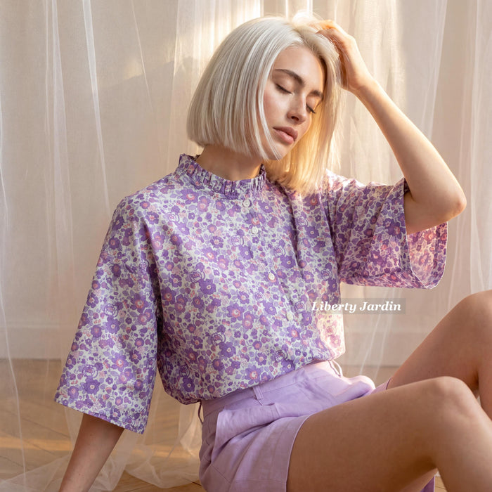 Liberty London Ruffle Collared Blouse, Handmade Botanical Sustainable Clothing, Personalised Womenswear, Customised Tailoring Chemise