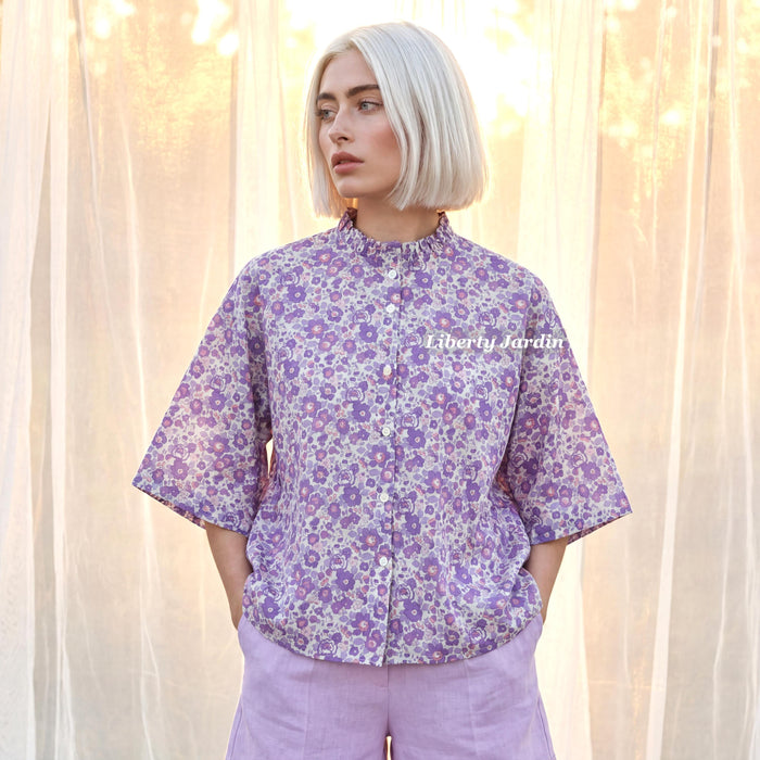 Liberty London Ruffle Collared Blouse, Handmade Botanical Sustainable Clothing, Personalised Womenswear, Customised Tailoring Chemise