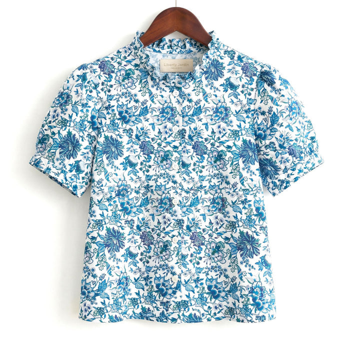 Liberty London Ruffle Collared Blouse, Short-sleeved Cotton Button-up Shirt, Handmade Botanical Womenswear, Personalised Chemise