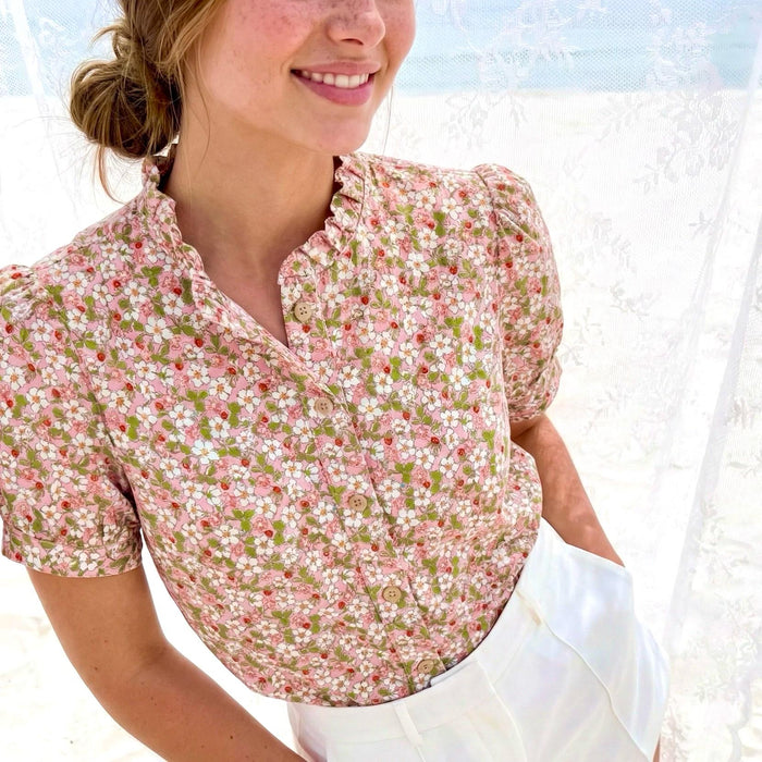 Liberty London Ruffle Collared Blouse, Short-sleeved Cotton Button-up Shirt, Handmade Botanical Womenswear, Personalised Chemise