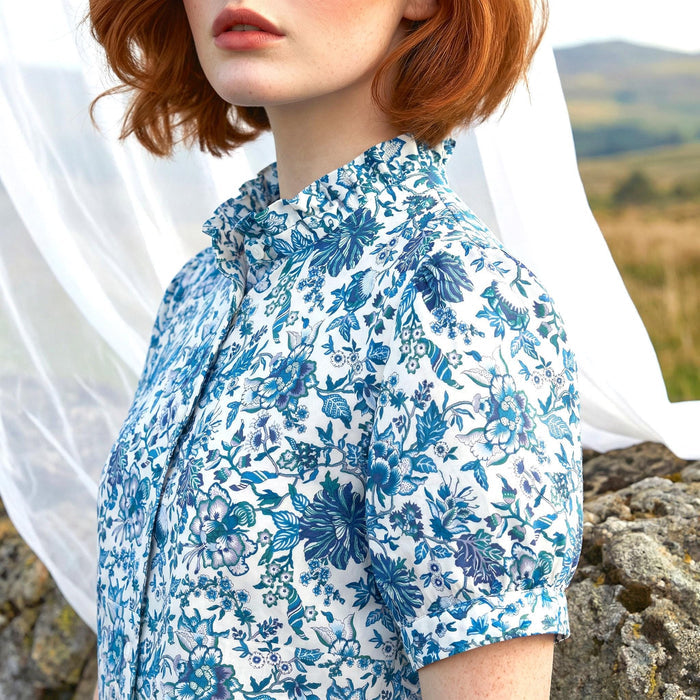 Liberty London Ruffle Collared Blouse, Short-sleeved Cotton Button-up Shirt, Handmade Botanical Womenswear, Personalised Chemise
