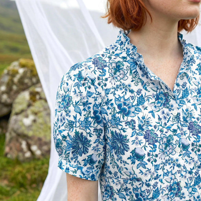 Liberty London Ruffle Collared Blouse, Short-sleeved Cotton Button-up Shirt, Handmade Botanical Womenswear, Personalised Chemise