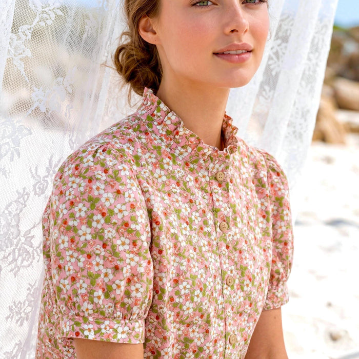 Liberty London Ruffle Collared Blouse, Short-sleeved Cotton Button-up Shirt, Handmade Botanical Womenswear, Personalised Chemise