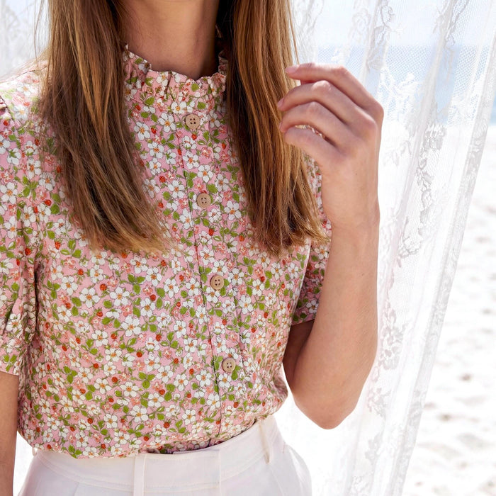 Liberty London Ruffle Collared Blouse, Short-sleeved Cotton Button-up Shirt, Handmade Botanical Womenswear, Personalised Chemise