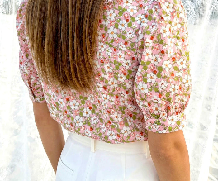 Liberty London Ruffle Collared Blouse, Short-sleeved Cotton Button-up Shirt, Handmade Botanical Womenswear, Personalised Chemise