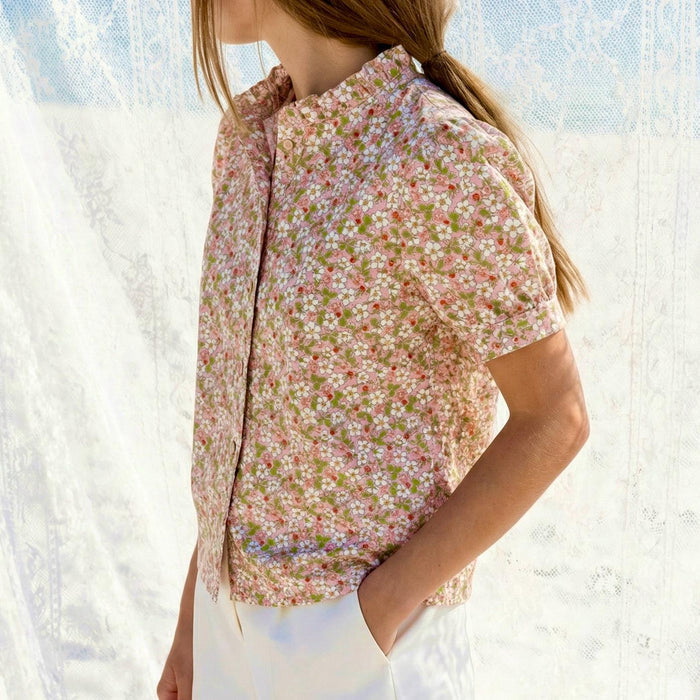 Liberty London Ruffle Collared Blouse, Short-sleeved Cotton Button-up Shirt, Handmade Botanical Womenswear, Personalised Chemise