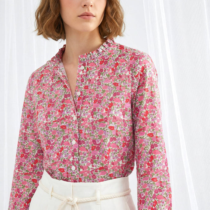 Liberty London Ruffle Collared Long Sleeves Button-up Blouse, Personalised Cotton Chemise, Handmade Sustainable Womenswear