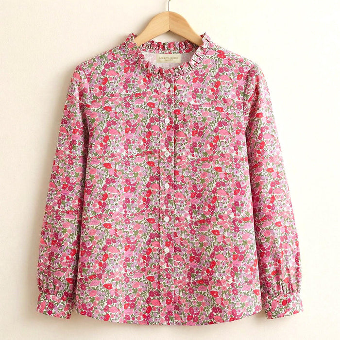 Liberty London Ruffle Collared Long Sleeves Button-up Blouse, Personalised Cotton Chemise, Handmade Sustainable Womenswear
